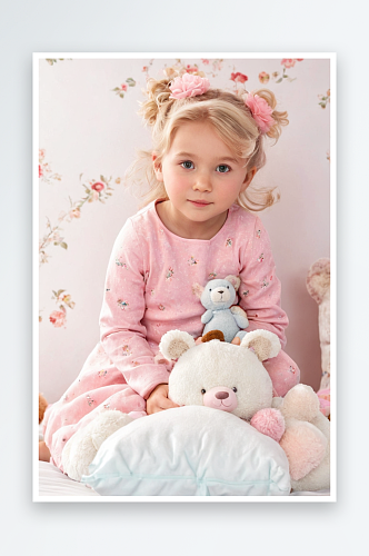 小女孩床上有毛绒动物粉红色顶篷图片