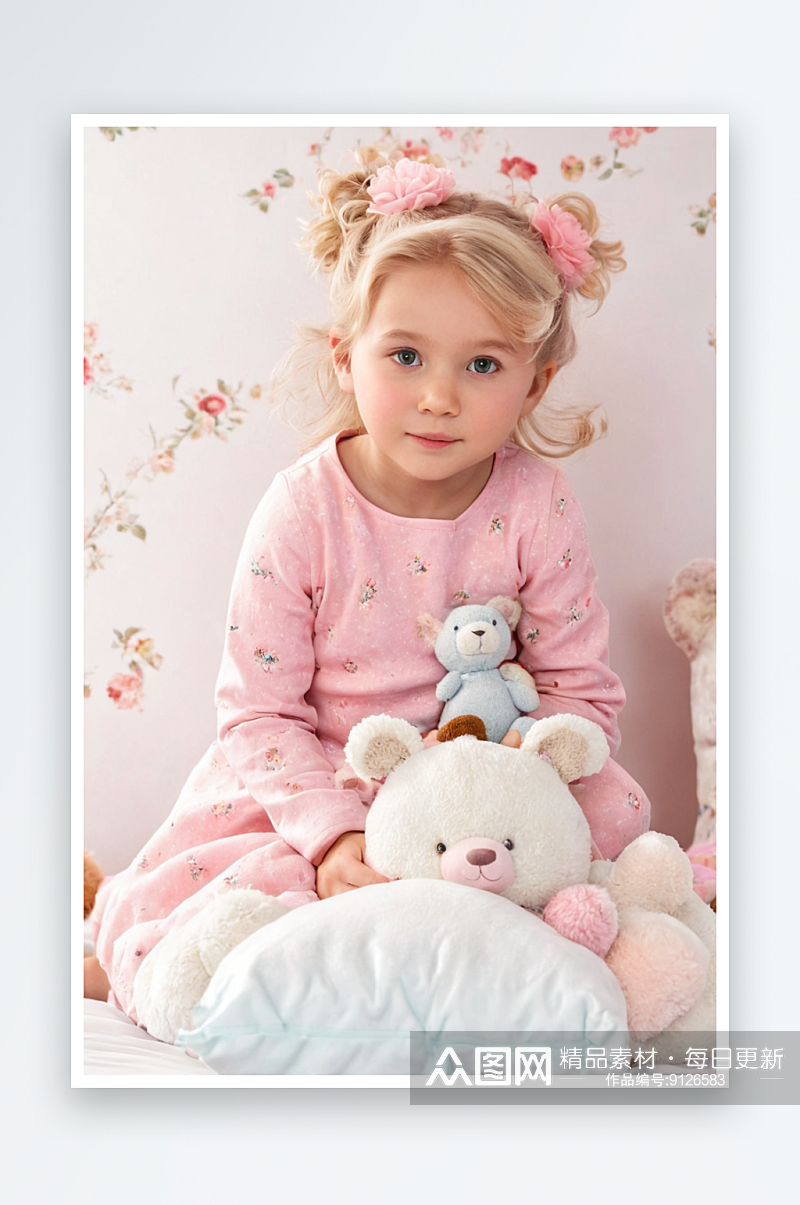 小女孩床上有毛绒动物粉红色顶篷图片素材