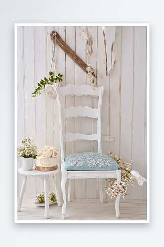 乡村风格室内白色木墙上吊架白色扶手椅下方