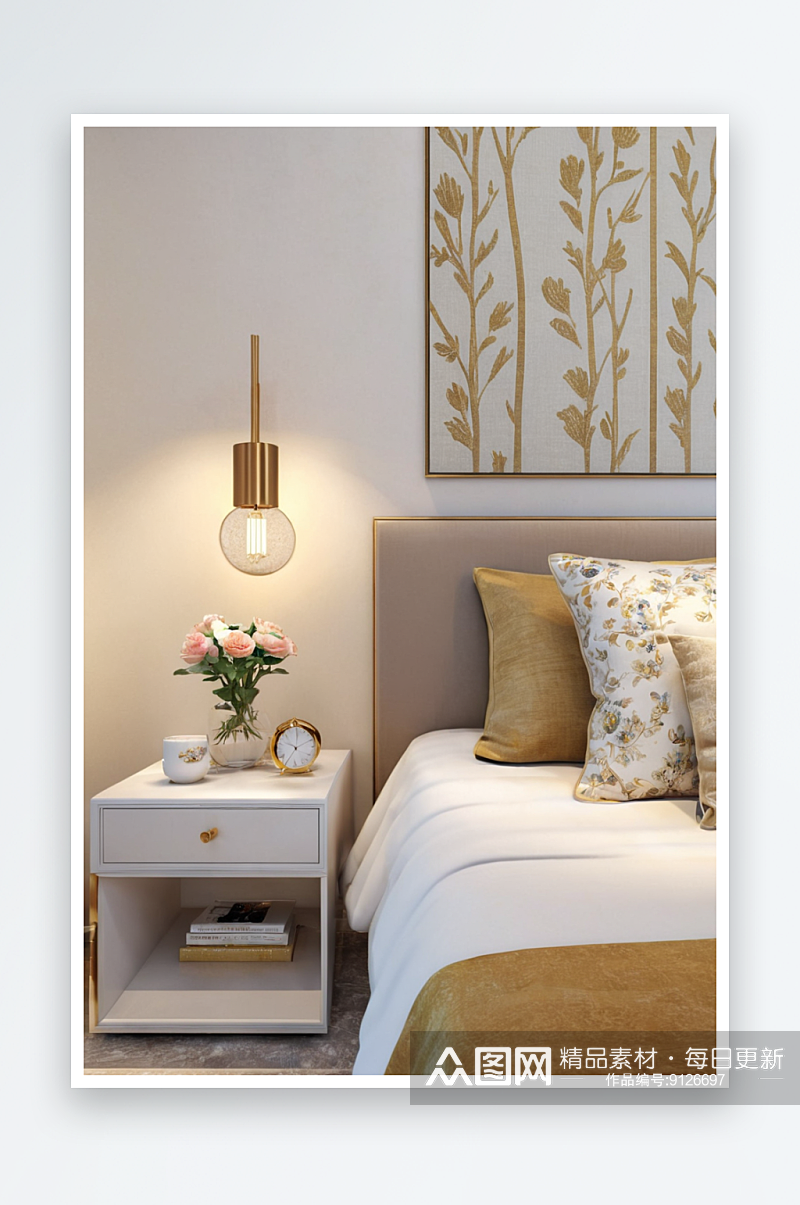 现代简约风格样板房卧室床头柜实拍图图片素材
