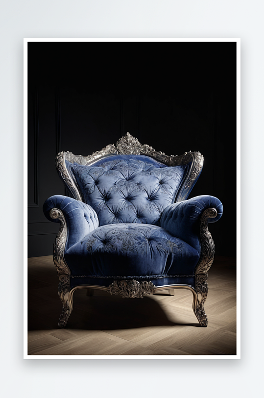 现代豪华扶手椅与银线蓝色天鹅绒纺织品黑暗