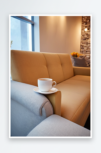 现代办公室沙发扶手上喝杯茶或咖啡图片