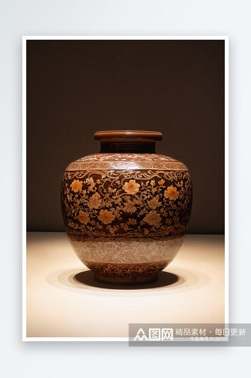 西夏时期褐釉剔花扁壶古董瓷器图片素材