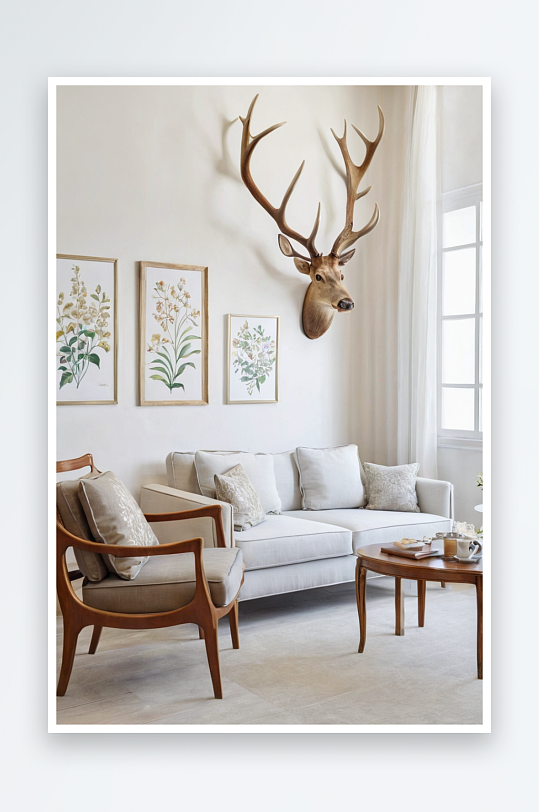 五十代木框扶手椅一套咖啡桌沙发画下面墙上