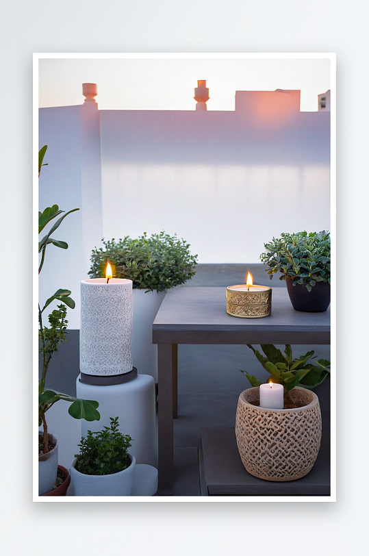 屋顶露台上盆凳踏步梯用植物蜡烛灯装饰图片