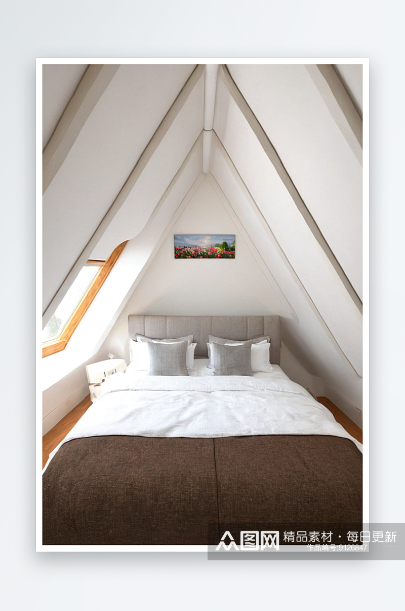 卧室狭窄山墙房间与陡峭倾斜天花板图片素材