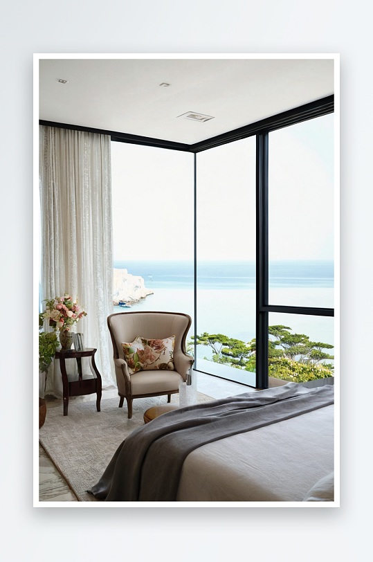卧室里有设计师设计台灯扶手椅面向海景窗户