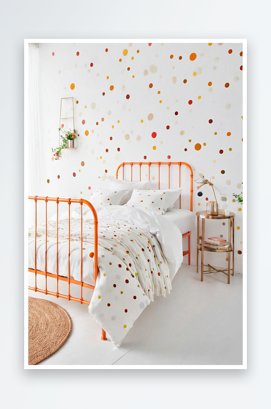 卧室里橙色金属床上白色亚麻床上有多色圆点