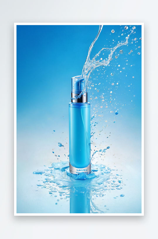 透明液体美容产品作为皮肤保湿蓝色背景与飞
