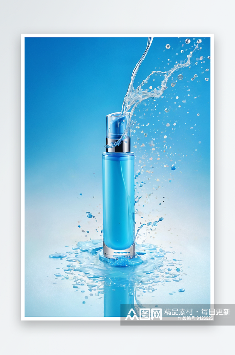 透明液体美容产品作为皮肤保湿蓝色背景与飞素材