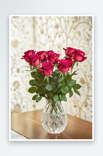 水晶花瓶里玫瑰花束图片