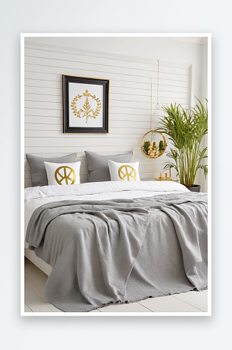 双人床上铺有淡灰色毯子带有金色符号