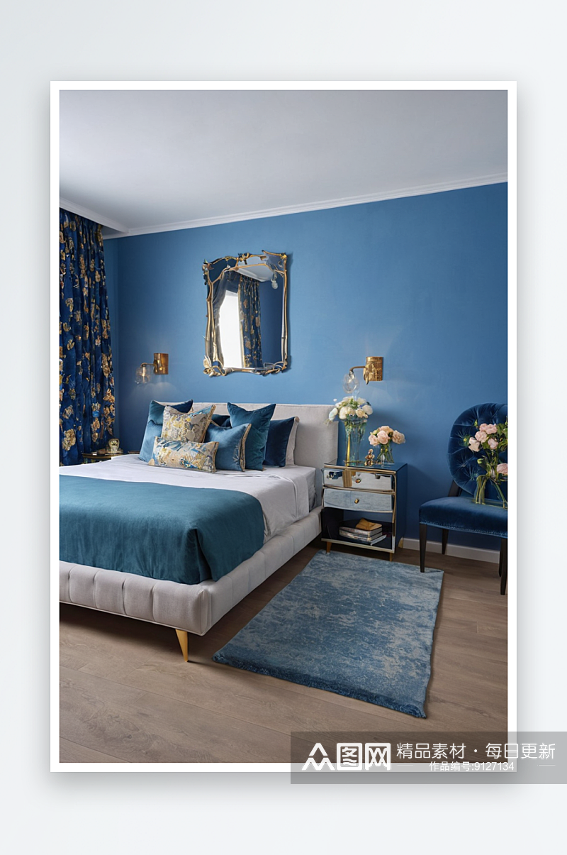 双人床镜面床头柜蓝色墙壁卧室设计椅图片素材