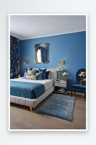 双人床镜面床头柜蓝色墙壁卧室设计椅图片