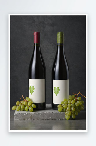 食物摄影两瓶葡萄酒正面视图与绿色葡萄叶子