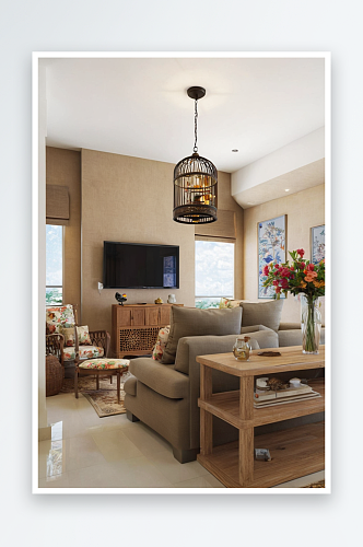 沙发靠背木桌带有鸟笼灯罩吊灯平板电视图片