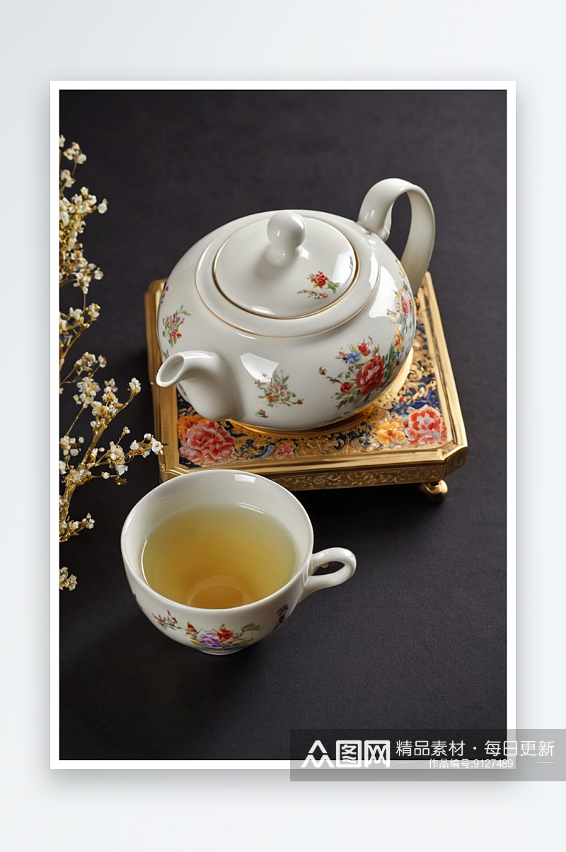 汝瓷茶壶茶杯摆放桌面上特写照片素材