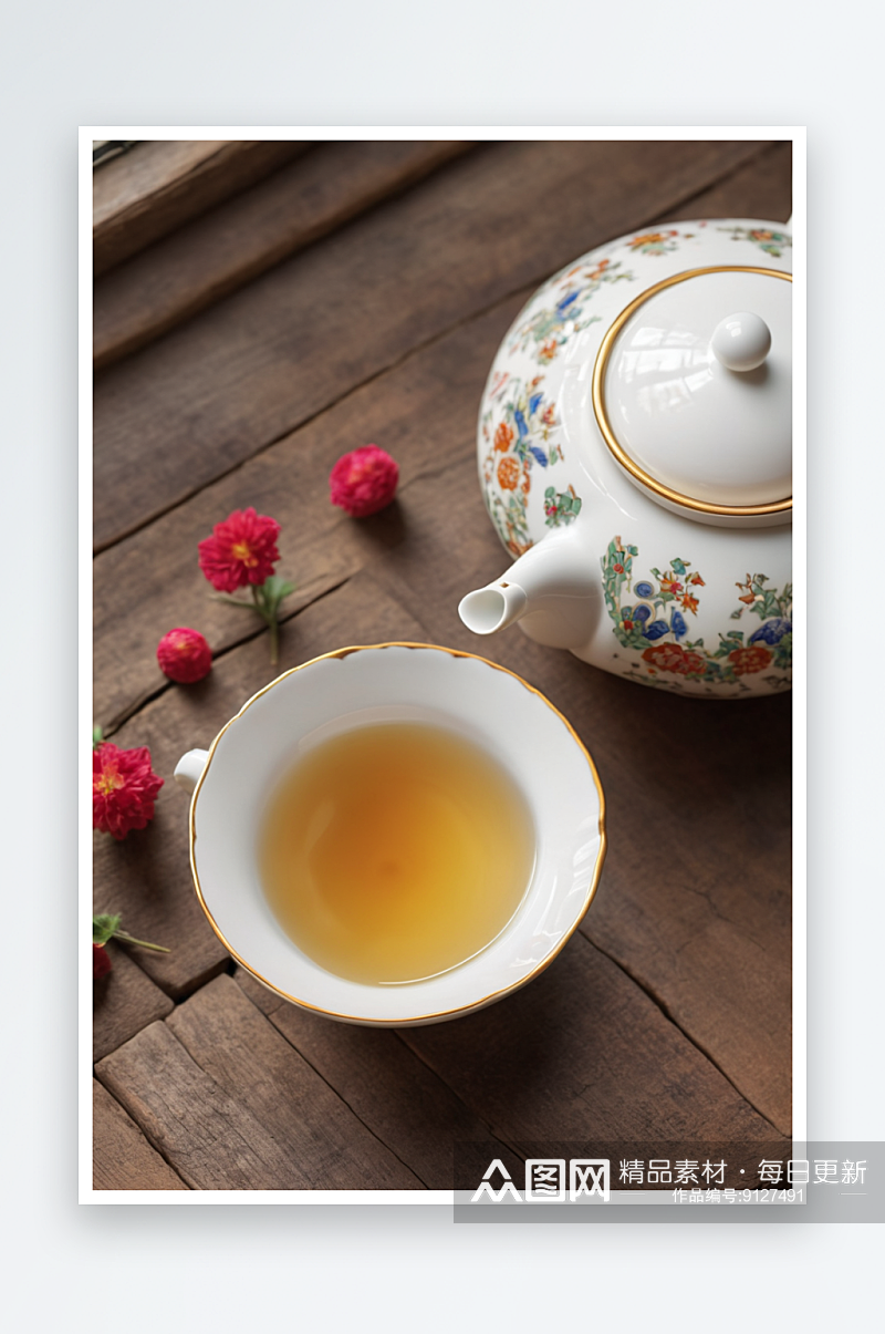 汝瓷茶壶茶杯摆放古窗棂木桌面上照片素材
