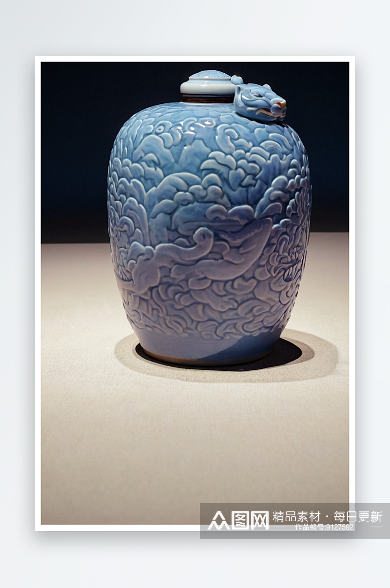 清代天蓝釉雕螭虎纹瓶图片素材