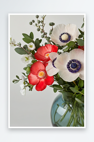 浅色桌上玻璃花瓶里装着春天花朵红色毛茛花