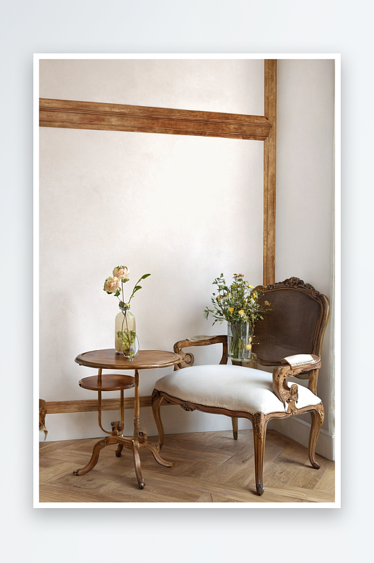 浅色木地板上流线古色古香椅子靠墙搁板桌图