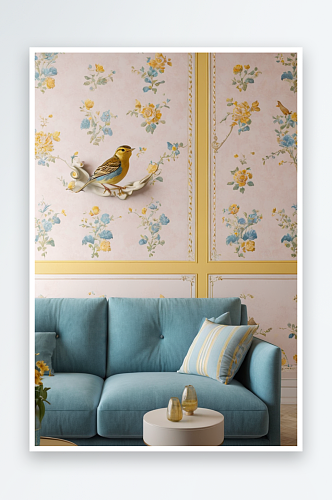浅蓝色沙发下面有一只小鸟墙上有黄色条纹图
