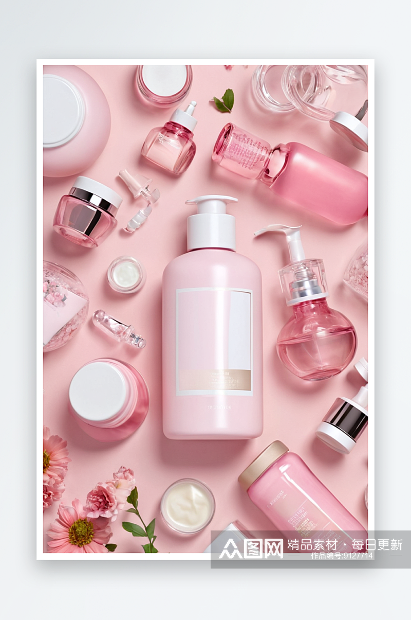 瓶子与空白标签皮肤护理装饰化妆品粉红色俯素材