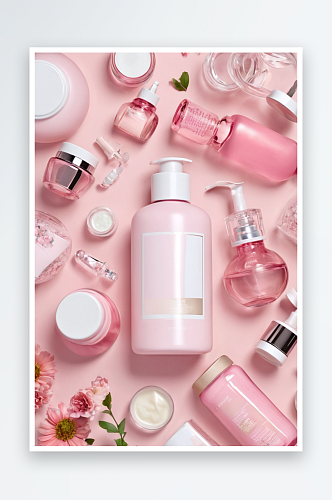 瓶子与空白标签皮肤护理装饰化妆品粉红色俯