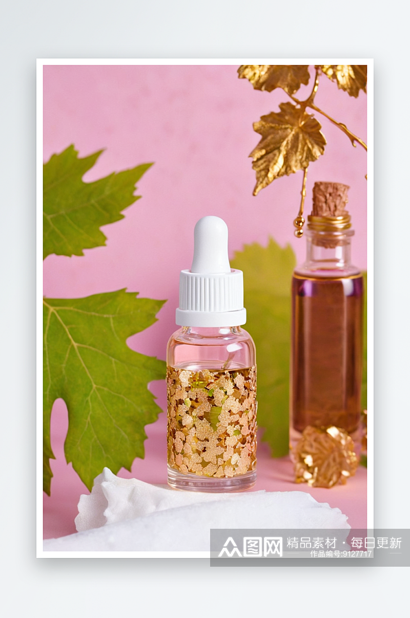 瓶子精油与金色颗粒附近葡萄树叶粉红色背景素材