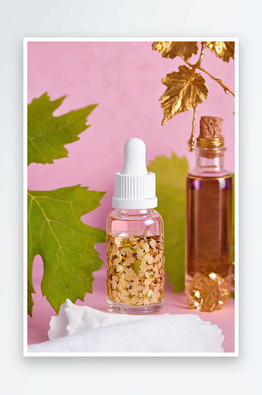 瓶子精油与金色颗粒附近葡萄树叶粉红色背景