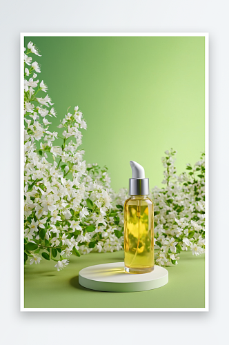 瓶装油或血清保湿霜白色讲台上绿色背景图片