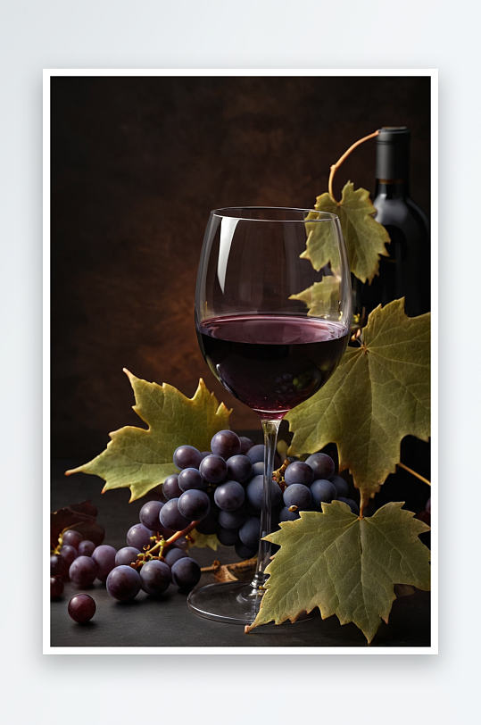 品丽珠酒杯深色背景秋季葡萄叶照片