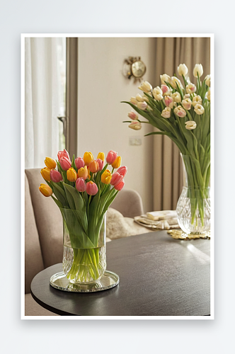 漂亮郁金香花束玻璃花瓶桌子上客厅图片