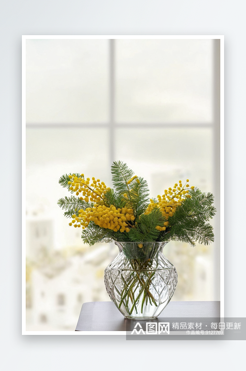 漂亮黄色含羞草花束玻璃花瓶上桌子窗口背景素材