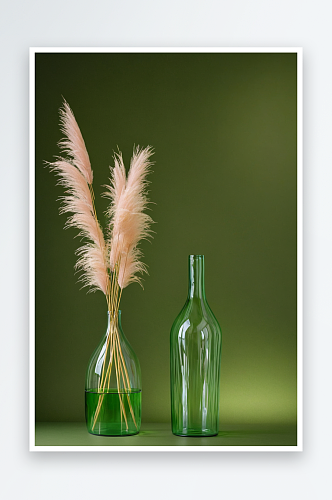 潘帕斯草枝绿色背景玻璃瓶上现代室内装饰灯