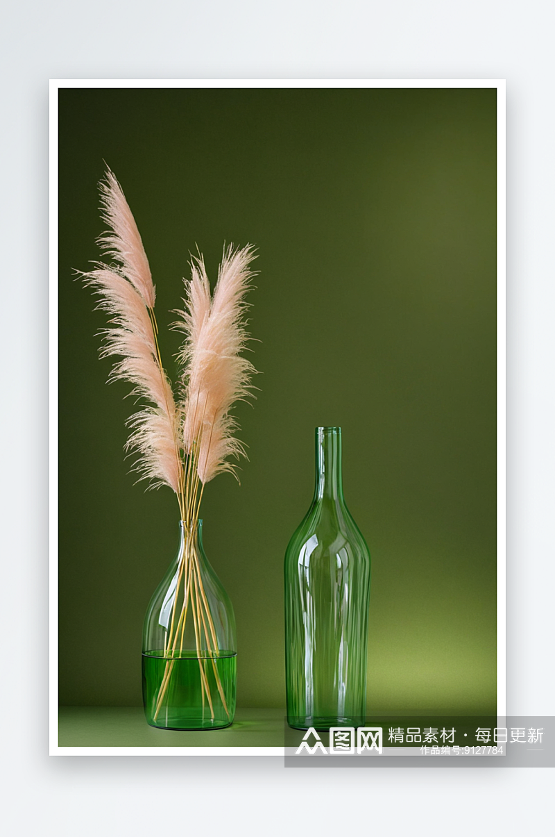 潘帕斯草枝绿色背景玻璃瓶上现代室内装饰灯素材