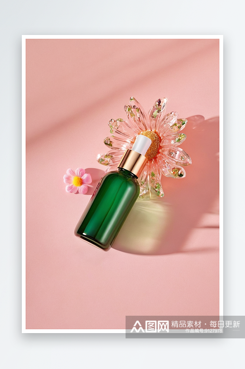 明亮阳光下绿色玻璃瓶石头粉红色背景上流行素材
