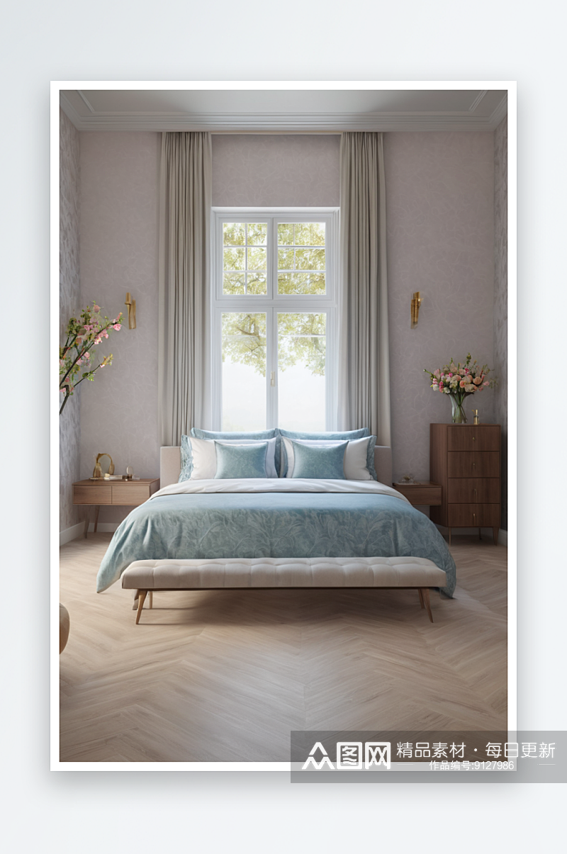 明亮宽敞卧室窗前双人床图片素材