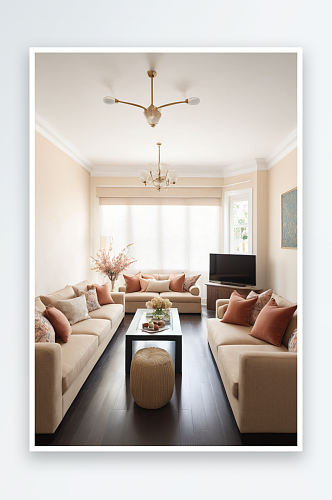 明亮客厅有三个沙色沙发颜色协调散垫图片