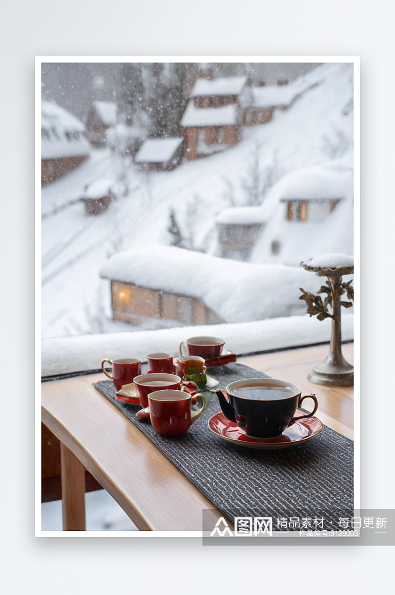 民宿室内沙发茶几窗外雪景照片素材