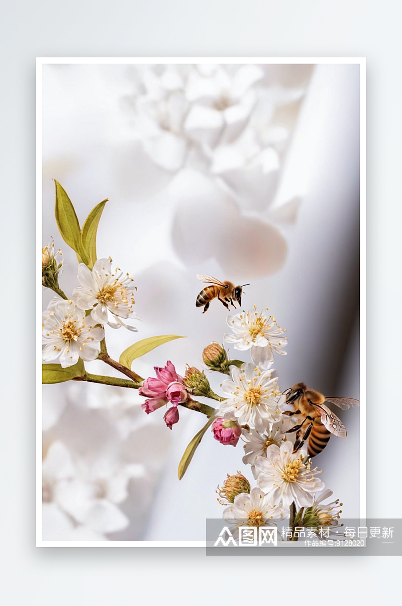 蜜蜂盛开樱花上采蜜图片素材