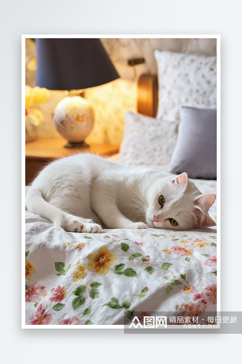 猫躺打开书床上发光灯图片素材