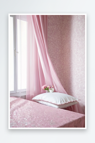 亮闪闪床罩角落里小桌子粉红色窗帘图片