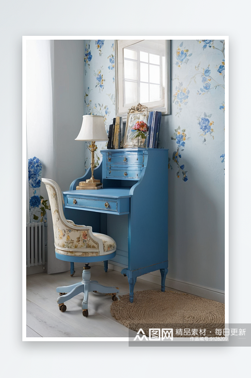 蓝色书桌旁老式转椅墙上挂着白框画图片素材