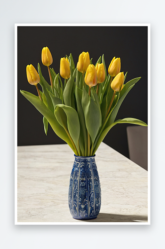 蓝色花瓶里一束黄色郁金香图片