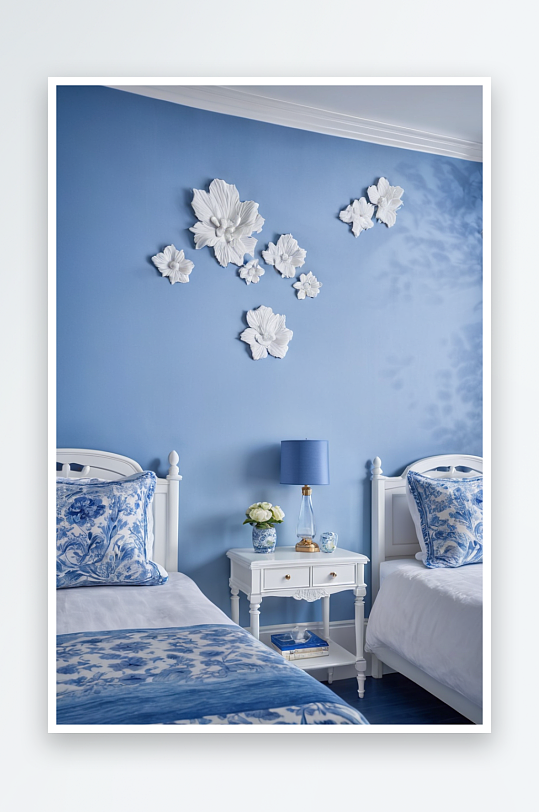 蓝白相间海景卧室中两张单人床之间床头柜图