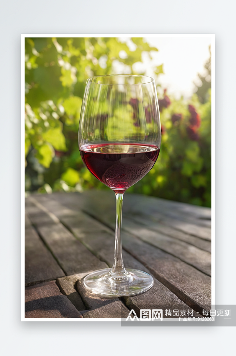 户外阳光下餐桌上喝一杯红酒绿色花园背景照素材
