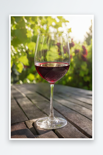 户外阳光下餐桌上喝一杯红酒绿色花园背景照