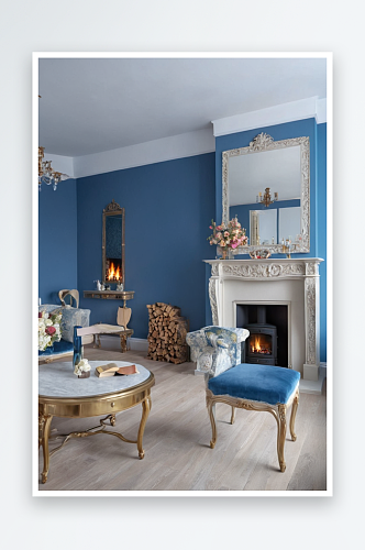 风格室内用传统火环绕着蓝色墙壁图片
