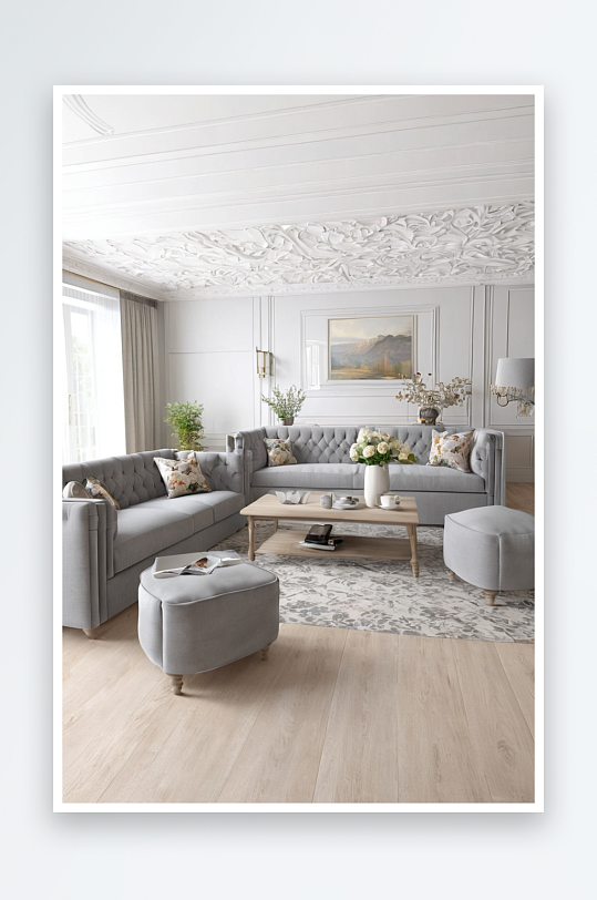 风格室内白色木质墙壁灰色扶手椅沙发旁边咖